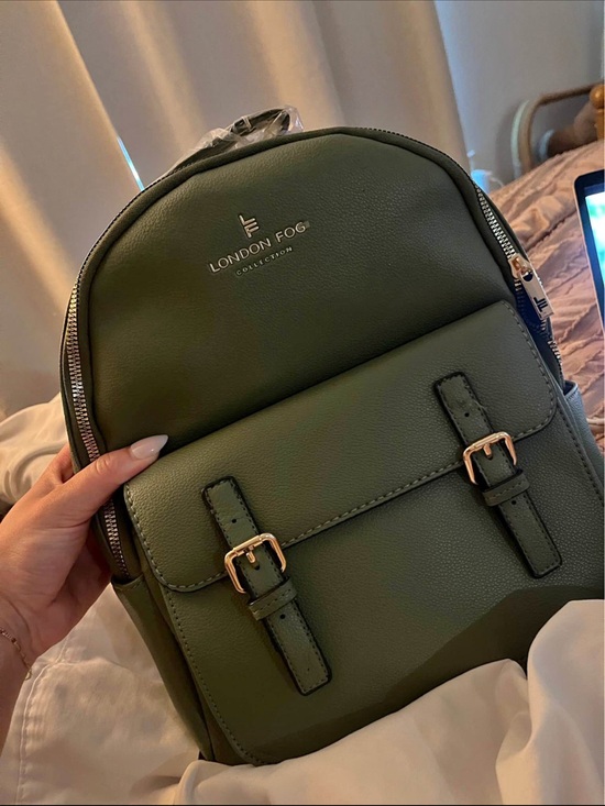 London Fog Handbags - London Fog Olive Green Faux-Leather Backpack with Gold Hardware